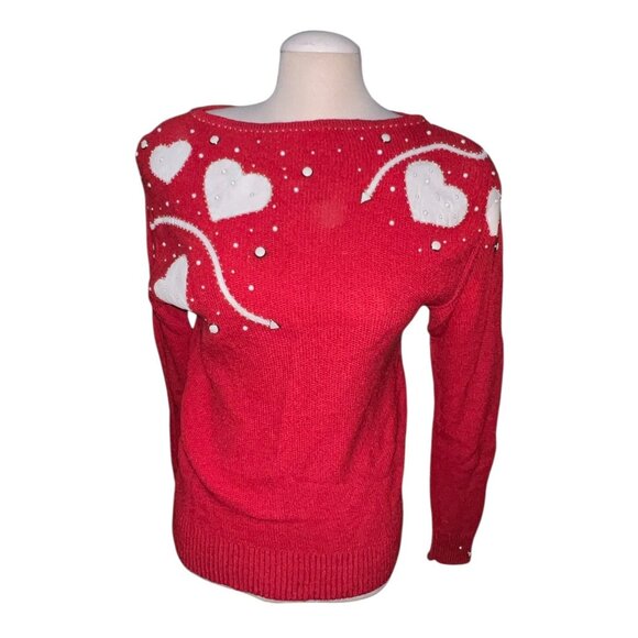 Vintage Smiths Aspen Red Knit Sweater W/ White Heart Design & Beaded Detailing - Picture 5 of 12